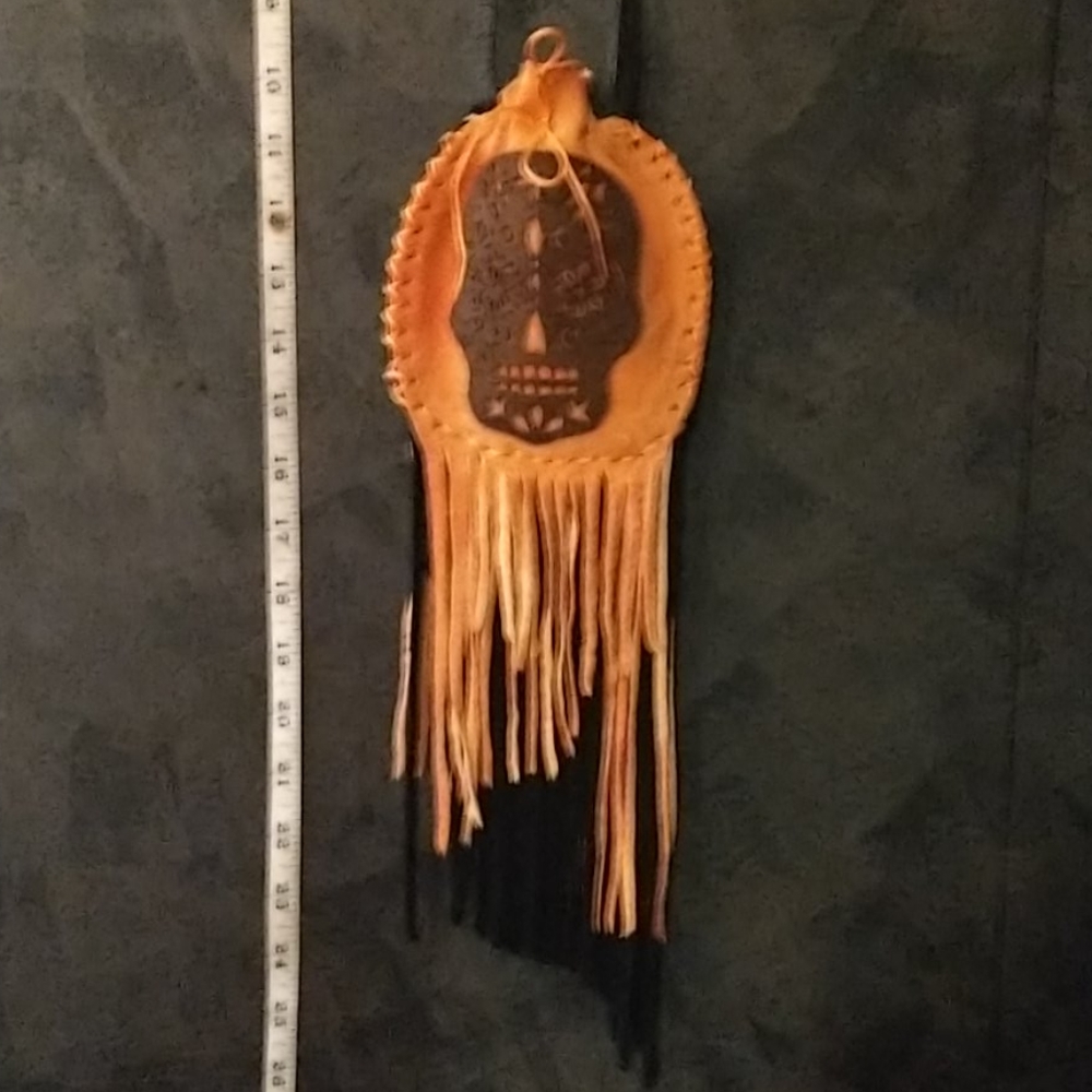Orange and black leather fringed bag